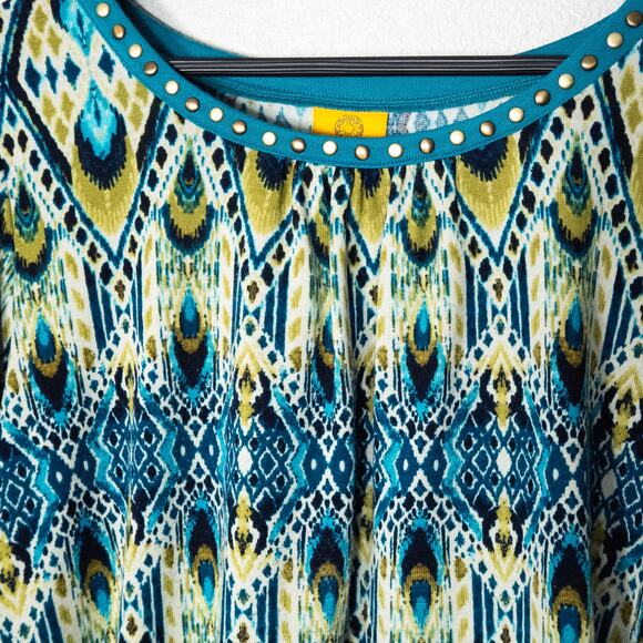 Ruby Rd Tunic Top Long Sleeve Blue Green Paisley Size L Bold Print - Picture 3 of 7